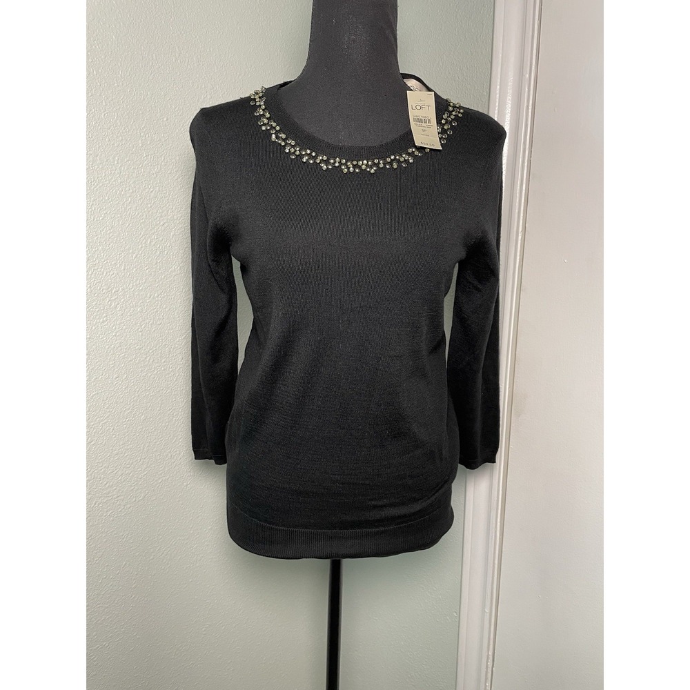 Loft NWT Sweater Womens Small Petite Black Rhinestone Wool Blend 3/4 Sleeve Knit